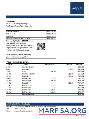 Downloadable Cambodia Acleda bank statement excel example